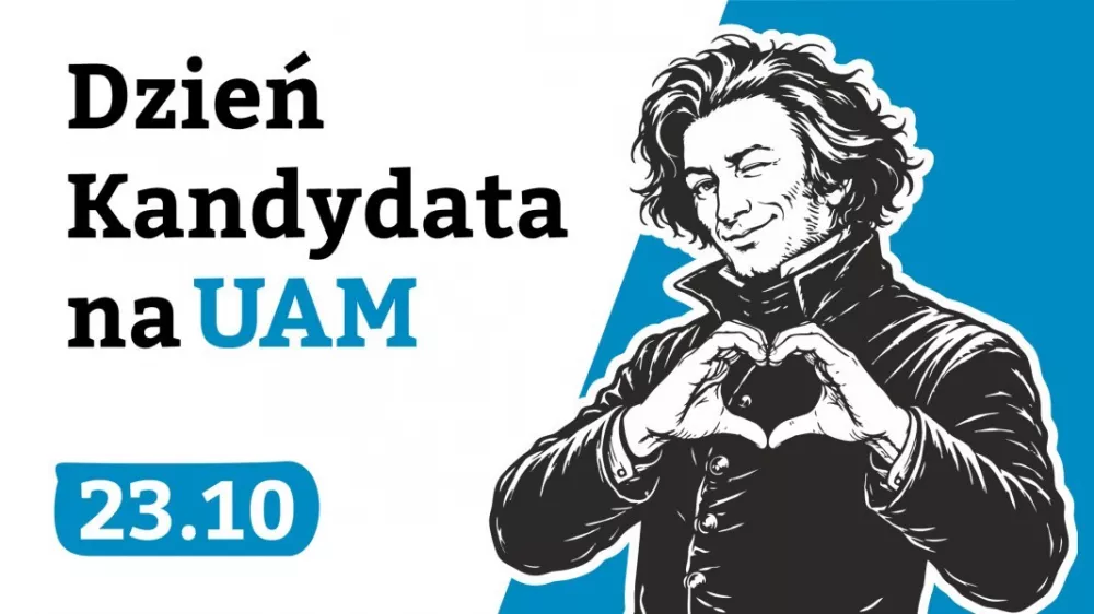 Ilustracja przedstawiająca Adama Mickiewicza układającego dłonie w kształt serca